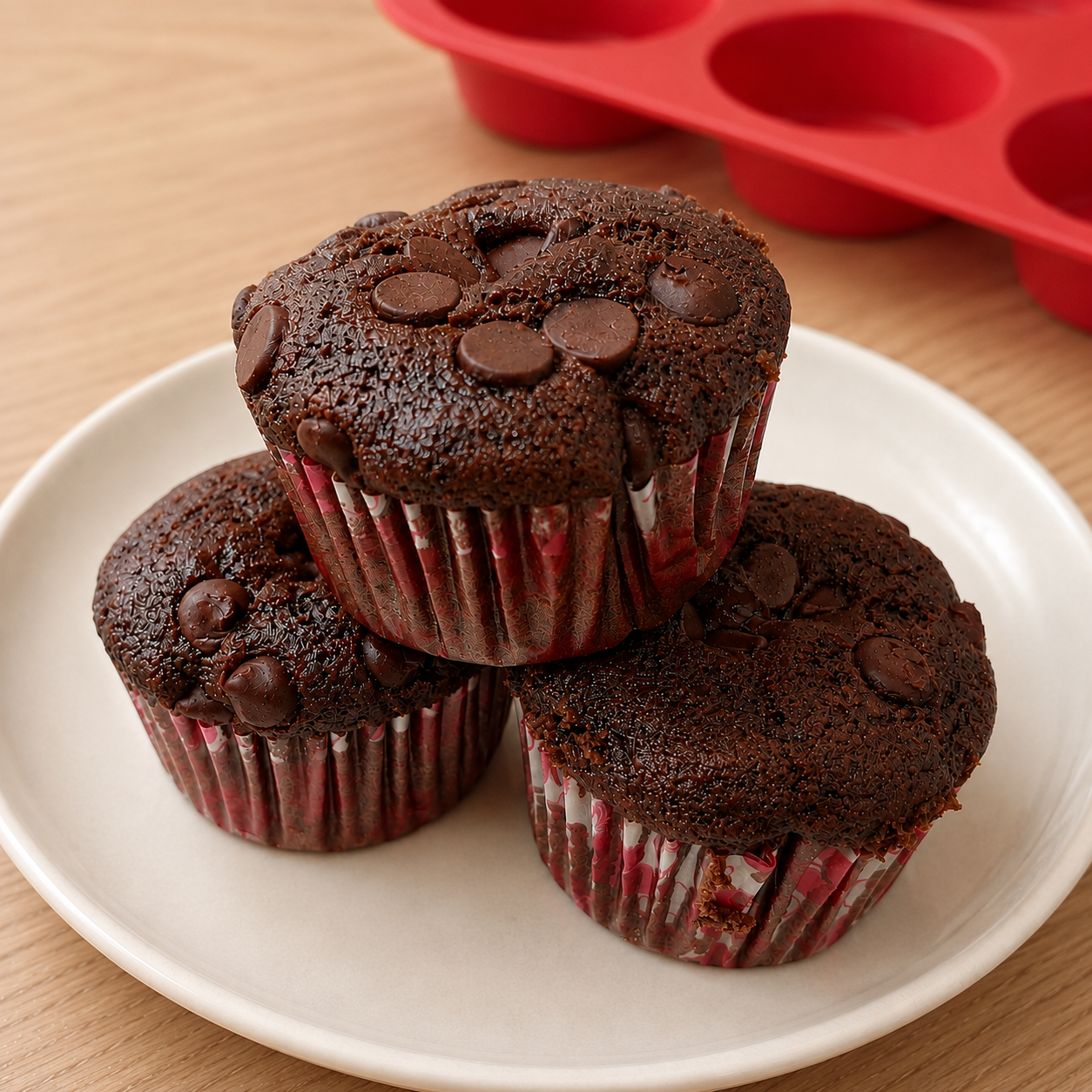 Muffins de chocolate esponjosos con chips de chocolate por encima.