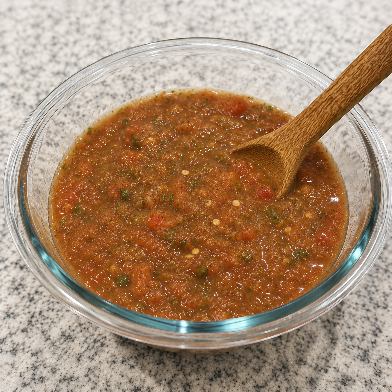 Salsa roja asada en un tazón de vidrio con una cuchara de madera